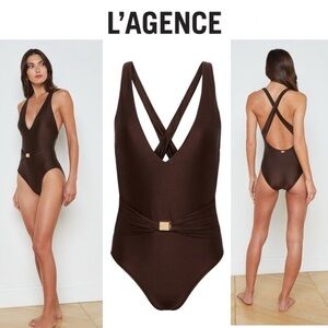 L’AGENCE Lisa Plunge One-Piece Brown Swimsuit L $235 NWT